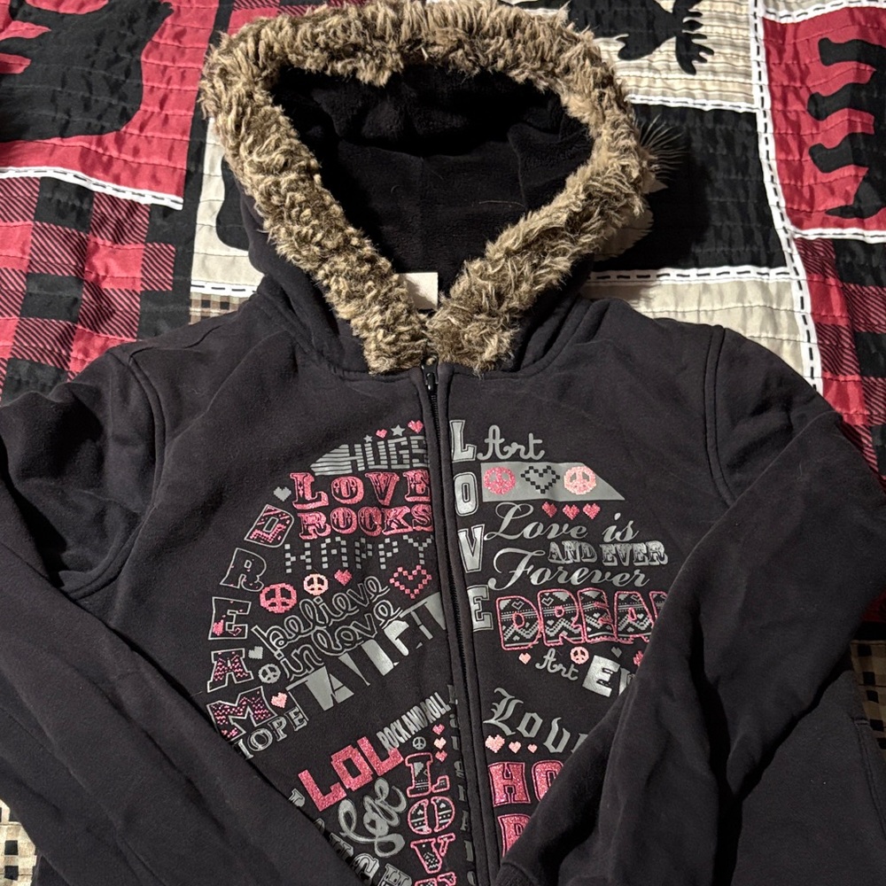 Black Zip Up Hoodie with Faux Fur Trim